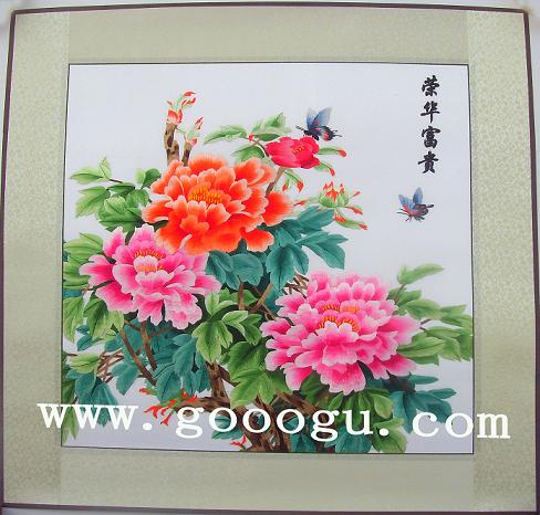 蘇繡牡丹畫，正方形牡丹刺繡畫