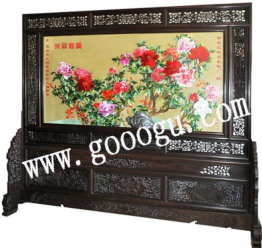 葛洲壩水利工程大廳屏風(fēng)：蘇繡屏風(fēng)，嬌古蘇繡，榮華富貴屏風(fēng)