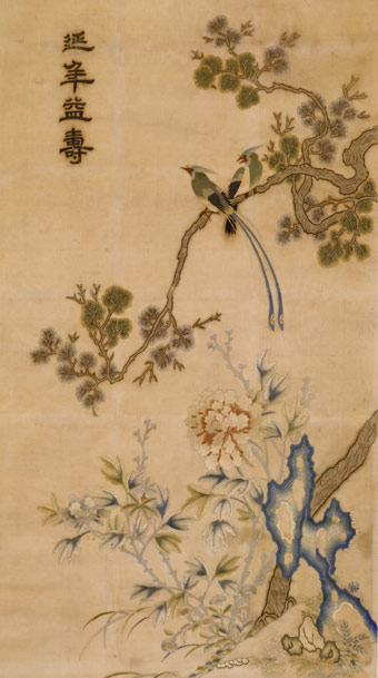 刺繡牡丹綬帶圖（軸），延年益壽，祝壽題材蘇繡，道光年間刺繡，宮廷繡品